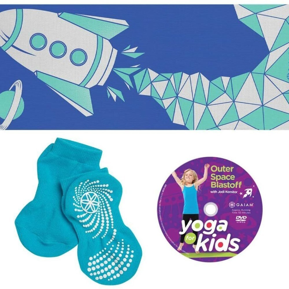 GAIAM Kids  Yoga Mat Beginners Kit Blue Rocket